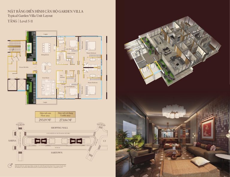 Mặt bằng chi tiết và phối cảnh nội thất căn hộ Garden Villa 4 phòng ngủ tại Savila