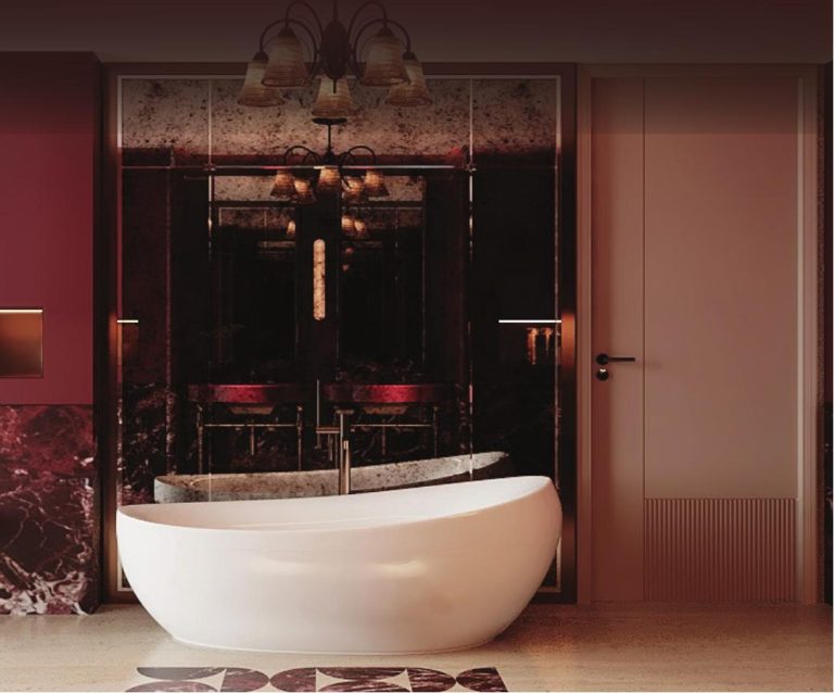 Phòng tắm master bằng đá marble với bồn tắm rời trong căn hộ 4 phòng ngủ view đẹp