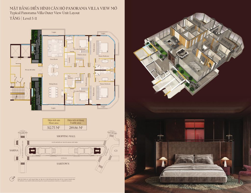 Không gian nội thất Sky Villa 4 phòng ngủ tại Savila, khu đô thị Sala, diện tích 274-296m2