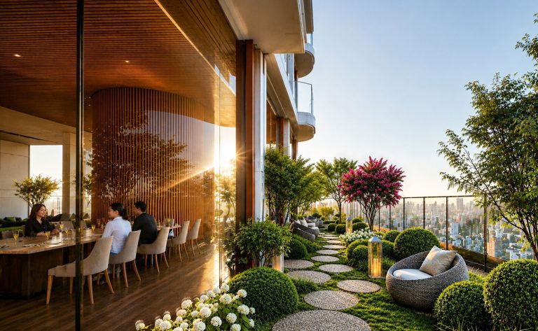 Không gian dining riêng tư có đầu bếp phục vụ tại E-Deck Savila, view hoàng hôn thành phố
