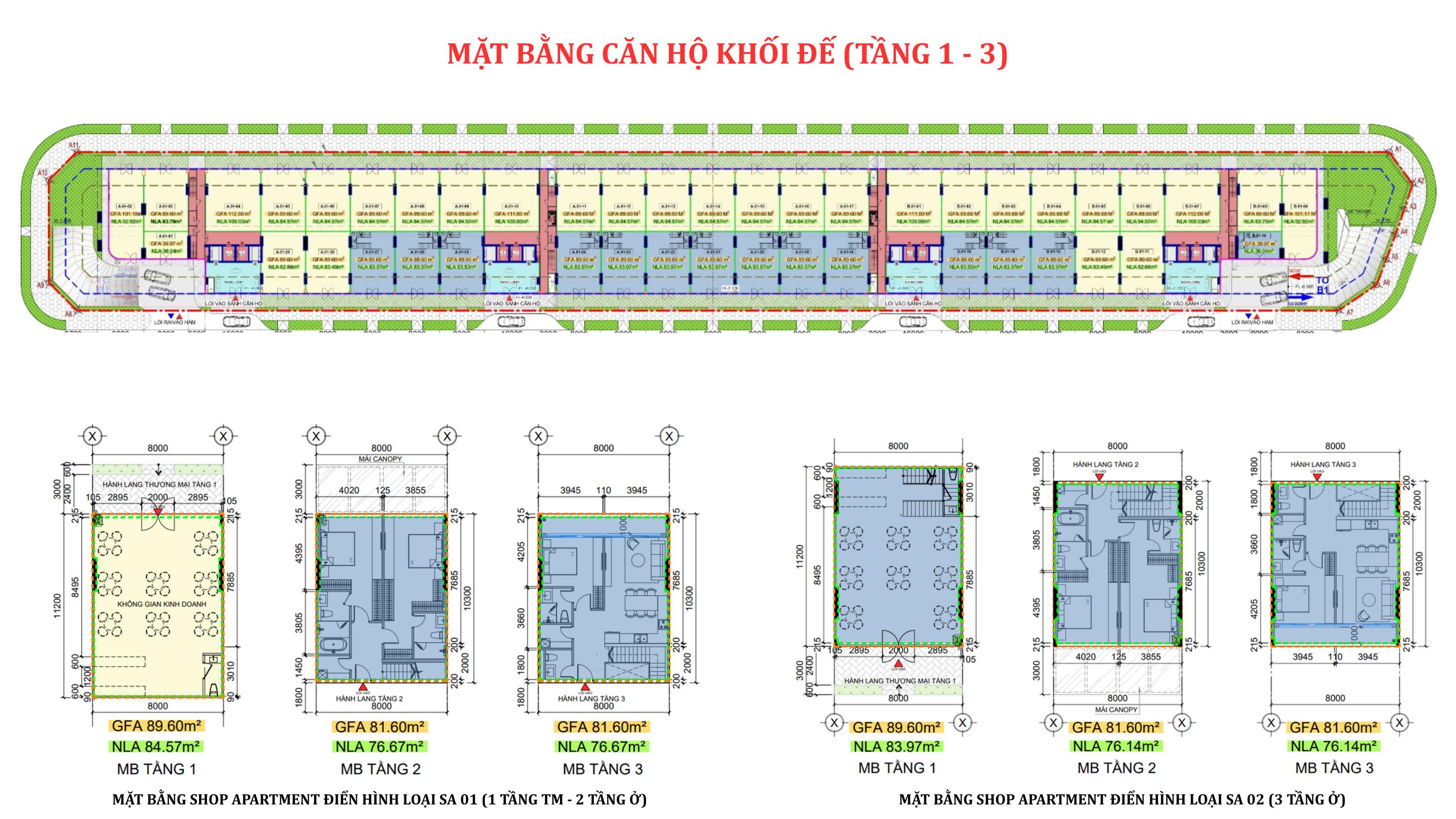 Mặt bằng chi tiết các căn shop apartment khối đế tầng 1-3 dự án Savila