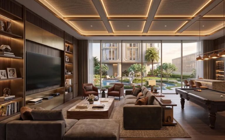 Phòng sinh hoạt chung có bàn bi-a và TV lớn trong căn hộ 4 phòng ngủ view đẹp