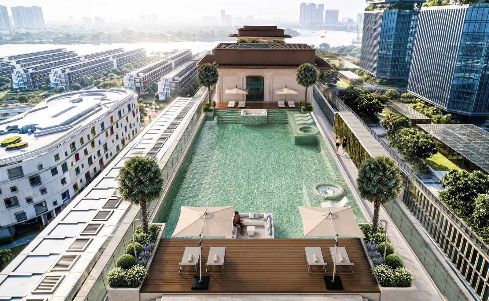 Bể bơi vô cực 30m trên rooftop Savila nhìn ra sông Sài Gòn và khu đô thị Sala